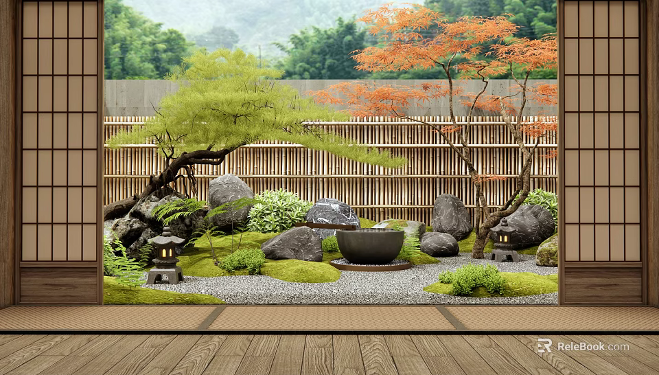 Traditional Japanese Garden With Bamboo Fence Green Orange Trees Rocks Moss And Stone Lanterns 3d model 