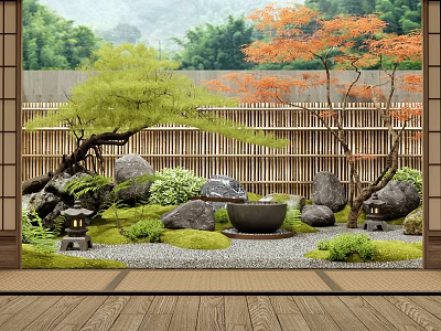 Traditional Japanese Garden With Bamboo Fence Green Orange Trees Rocks Moss And Stone Lanterns 3d model