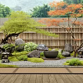 Traditional Japanese Garden With Bamboo Fence Green Orange Trees Rocks Moss And Stone Lanterns