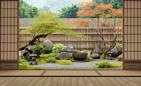 Japanese-style courtyard landscape stone landscape stone plant landscape pine red maple 3d model