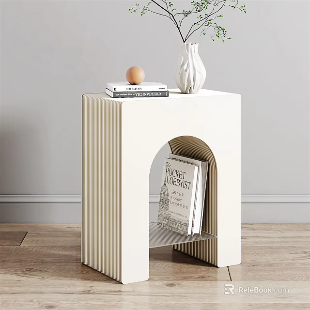 Modern White Striped Side Table With Books Vase And Egg On Top Shelf 3d model