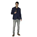 Man in Navy Blue Blazer Holding Champagne Glass Against Light Brown Background