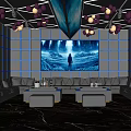 Modern KTV Room Interior With Blue Lighting LED Screen Comfortable Sofas And Ceiling Decorations 3d model