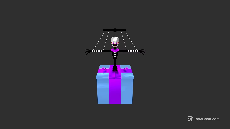 Black And White Marionette Puppet Standing On Blue Purple Gift Box With Strings 3d model 