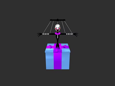 Black And White Marionette Puppet Standing On Blue Purple Gift Box With Strings 3d model