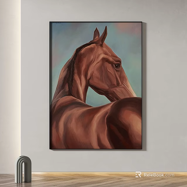 Modern Abstract Wall Art Painting Featuring Brown Horse With Soft Gradient Blue Green Background Decor 3d model 