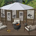 Outdoor Chairs With Bamboo Fence White Umbrella Fire Pit Fruits And Green Plants