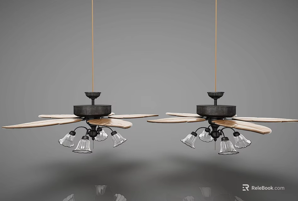 Technology Exhibition Hall Showcases Modern Ceiling Fans With Wooden Blades And Glass Lampshades 3d model 