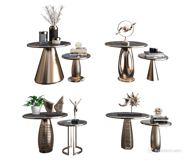 Modern Round Side Tables With Metal Bases And Decorative Ornaments 3d model 