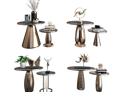 Modern Round Side Tables With Metal Bases And Decorative Ornaments 3d model