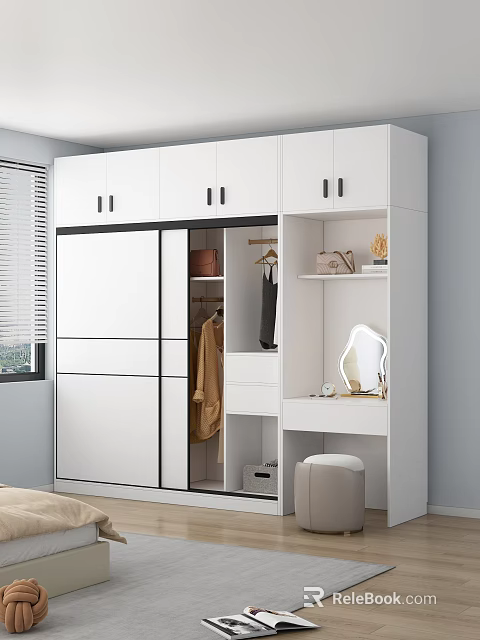 Modern White Wardrobe with Sliding Doors Storage and Hanging Space Decorative Shelves Mirror 3d model 