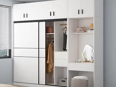 Modern White Wardrobe with Sliding Doors Storage and Hanging Space Decorative Shelves Mirror 3d model