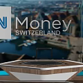 Professional News Studio With CNN Money Logo Presenters Large Screen And City Backdrop