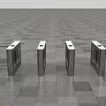 Public Facility Four Silver Turnstiles on Gray Tile Floor With Display Screens