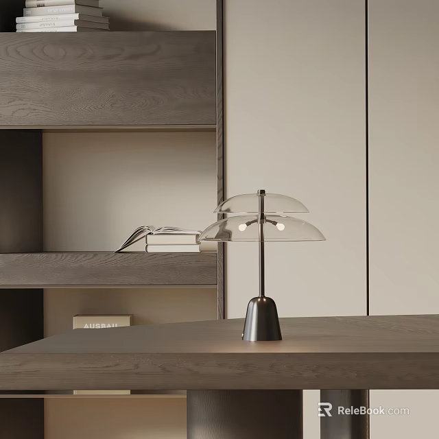 Modern Table Lamp With Metal Base And Transparent Lampshade On Wooden Desk Beside Bookshelf 3d model 