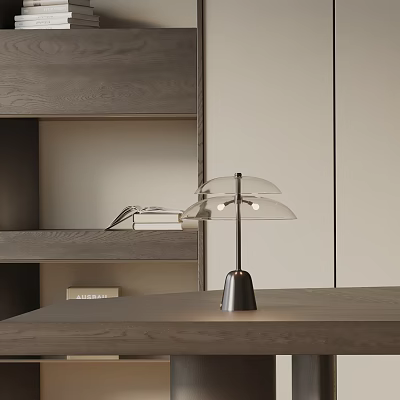 Modern Table Lamp With Metal Base And Transparent Lampshade On Wooden Desk Beside Bookshelf 3d model
