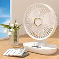 White Air Cooler Fan on Wooden Floor with Glass Vase White Tulips and Calendar