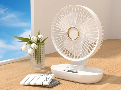 White Air Cooler Fan on Wooden Floor with Glass Vase White Tulips and Calendar 3d model