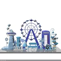 Blue Themed 3D Scene Featuring Ferris Wheel Phone Booth Castle Small Figures And DAYS Text