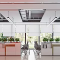 Elegant Modern Office Interior With Reception Desk Hanging Lamps And Decorative Plants