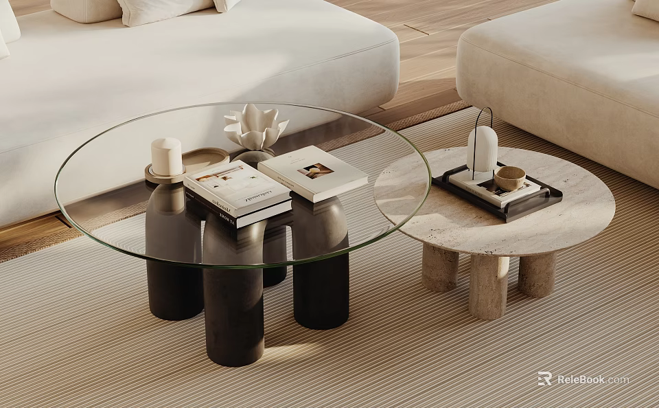 Stylish Glass Top Coffee Table With Black Cylindrical Legs And Decorative Tray Items 3d model 