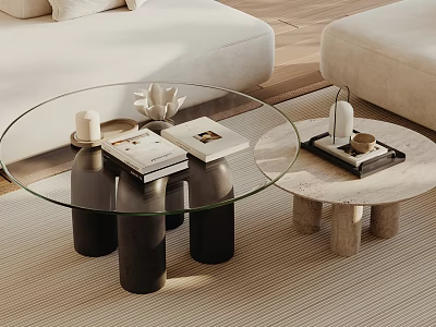 Stylish Glass Top Coffee Table With Black Cylindrical Legs And Decorative Tray Items 3d model