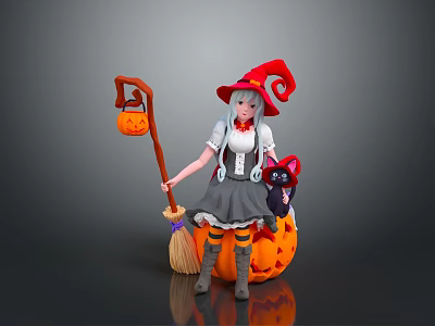 Witch With Red Hat And Black Cat Sitting On Halloween Pumpkin With Broom Staff 3d model