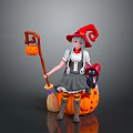 Witch With Red Hat And Black Cat Sitting On Halloween Pumpkin With Broom Staff