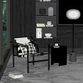 Modern Accent Chair With Metal Frame And Black White Checkered Cushion Near Side Table Floor Lamp