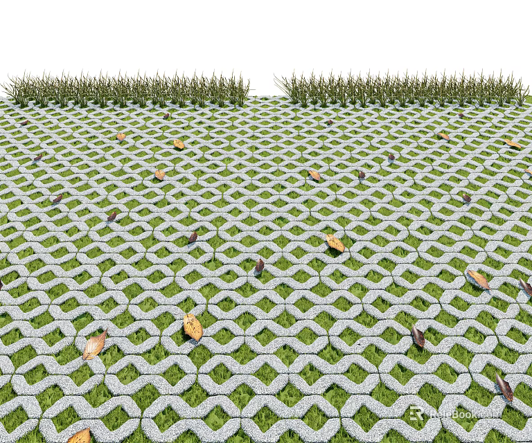 Gray Hexagonal Grid Floor Tiles on Grass with Fallen Leaves 3d model 