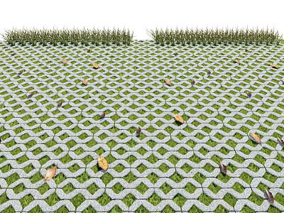 Gray Hexagonal Grid Floor Tiles on Grass with Fallen Leaves 3d model