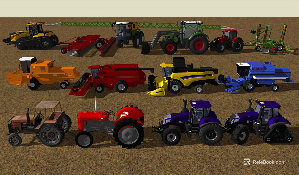 Various Colored Agricultural Utility Vehicles Including Tractors Harvesters And Trucks 3d model 