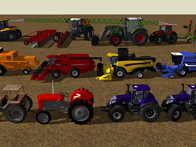 Various Colored Agricultural Utility Vehicles Including Tractors Harvesters And Trucks 3d model