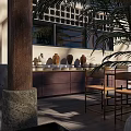 Warm Restaurant Interior With Wooden Door Tiger Painting And Potted Plant