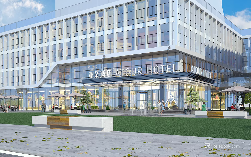 Modern Hotel Entrance Gate With Glass Facade And Landscaped Lawn Seating Area 3d model 