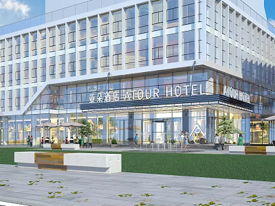 Modern Hotel Entrance Gate With Glass Facade And Landscaped Lawn Seating Area 3d model