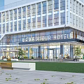 Modern Hotel Entrance Gate With Glass Facade And Landscaped Lawn Seating Area
