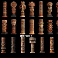 Artistic Carved Tribal Pillars with Various Intricate Patterns and Traditional Designs