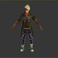Detailed 3D Anime Character With Teal Hair Mask Dark Coat Red Vest And White Shoes