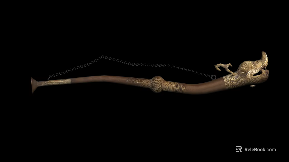 Exquisite Brown Musical Instrument Featuring Golden Ornaments And Chain Accent 3d model 