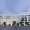 Modern Campus Building With Symmetrical Facade Large Front Screen And Students Gathering On Plaza