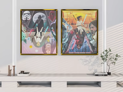 Gold Framed Wall Art With Sci Fi Characters And Lightsabers In Modern Interior 3d model