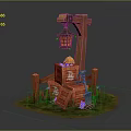 Rustic Wooden Lantern Hanging On Pole Over Stacked Crates With Items And Grass Flowers