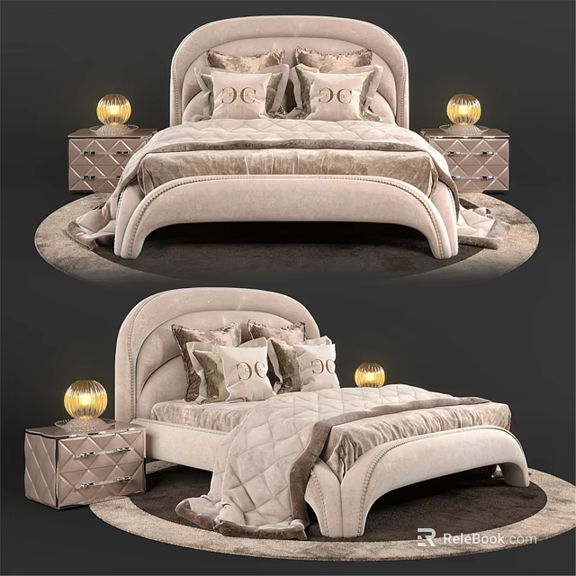 Elegant Modern Double Bed with Upholstered Headboard Decorative Pillows Bedside Tables Table Lamps Quilted Bedding 3d model 