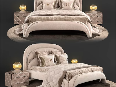 Elegant Modern Double Bed with Upholstered Headboard Decorative Pillows Bedside Tables Table Lamps Quilted Bedding 3d model