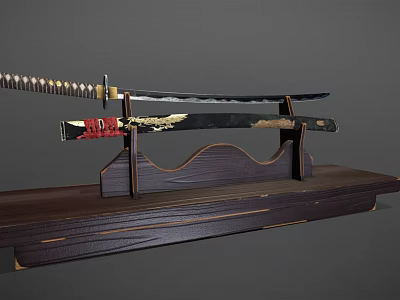 Traditional Japanese Katana Weapon With Black Blade And Gold Dragon Pattern On Wooden Stand 3d model