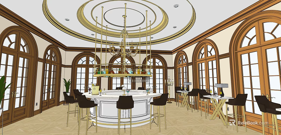 Luxurious Sales Office Interior With Round Bar Gold Chandelier Arched Windows And Chairs 3d model 