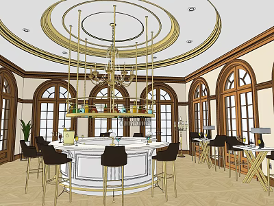 Luxurious Sales Office Interior With Round Bar Gold Chandelier Arched Windows And Chairs 3d model