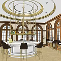 Luxurious Sales Office Interior With Round Bar Gold Chandelier Arched Windows And Chairs