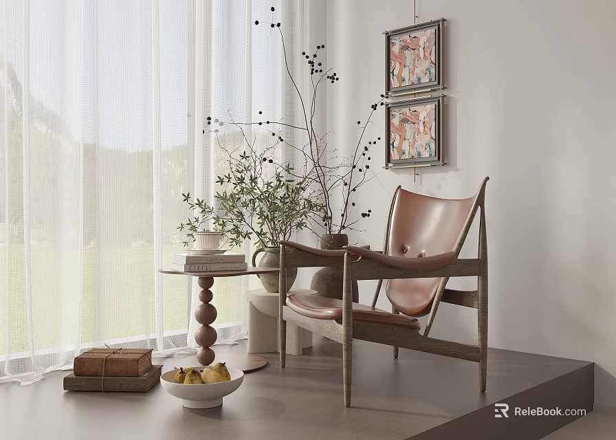 Leather Leisure Chair With Wooden Frame Side Table Near Window Curtains And Decorative Paintings 3d model 